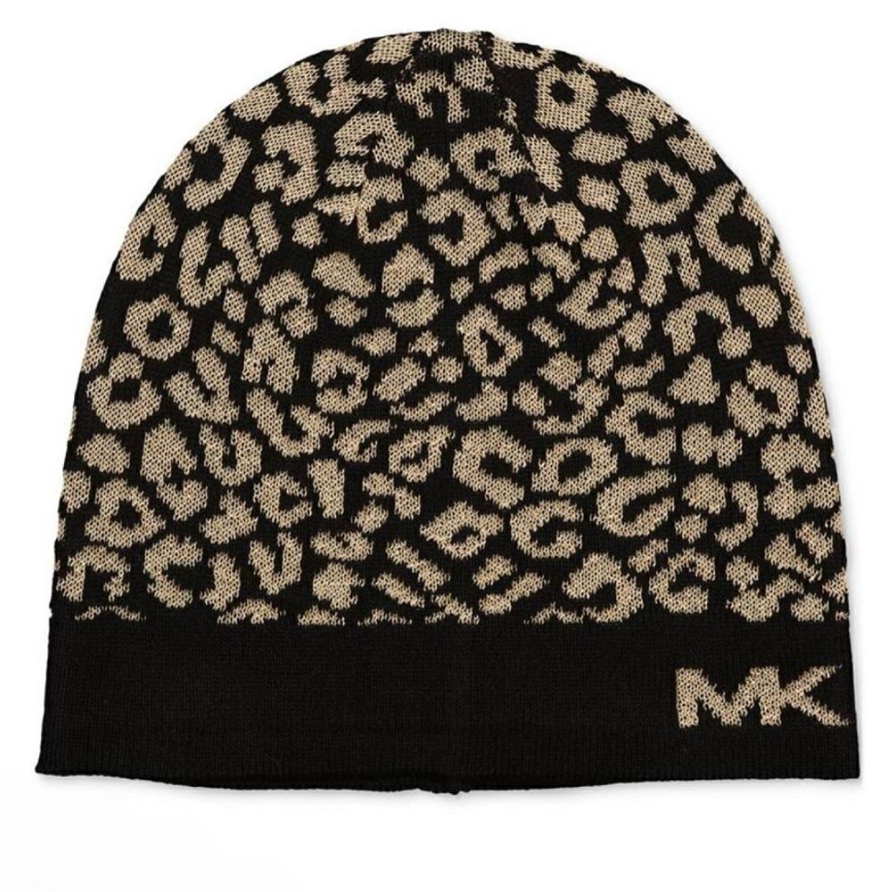 NWT New Michael Kors Black and Gold Metallic Leopard Print Logo Hat/Beanie OS